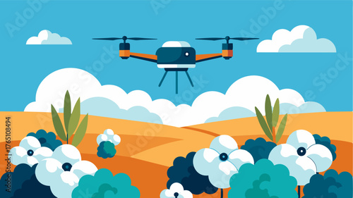 A drone equipped with spectral cameras flies over a cotton field mapping out field variability and identifying areas with potential issues.. Vector illustration
