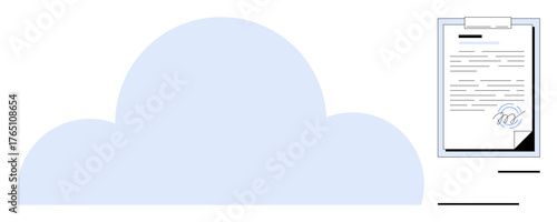 Cloud and signed document embody secure data storage, electronic signing, and compliance. Ideal for technology, cybersecurity, digital authentication, document management, cloud computing