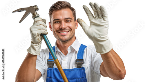 positive male plumber in work clothes on a transparent background

