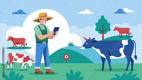 A farmer checks in on their herd of cattle using a digital tracking app which displays the exact location of each individual animal on a map.. Vector illustration