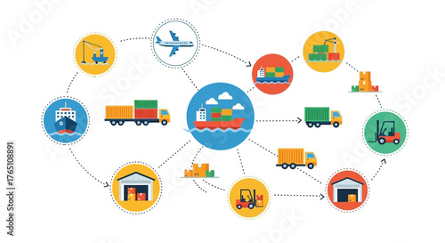 Infographic of logistics and transportation network with various icons on white background