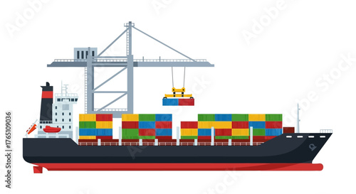 A large cargo ship loaded with colorful shipping containers at a port with a crane, set against a plain white background.