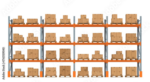 A large shelving unit filled with cardboard boxes on a white background.