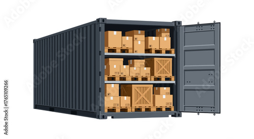 Open shipping container with stacked cardboard boxes on pallets inside