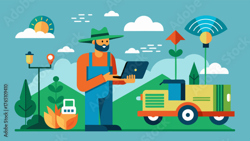 A farmer receives realtime alerts and recommendations from AIpowered sensors and cameras installed on their farm equipment allowing them to quickly respond to issues and optimize. Vector illustration