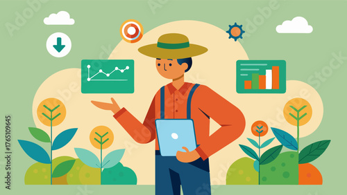 A farmer uses a smart decision support system that considers factors such as soil health pest resistance and market trends to select the most profitable and sustainable crop. Vector illustration