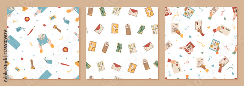 Seamless pattern flat mail set. Letter, envelope, postcard, stamp, note, message and hand mix with mail elements. Creative sheet, pattern, correspondence, open template concept, trendy stationery.