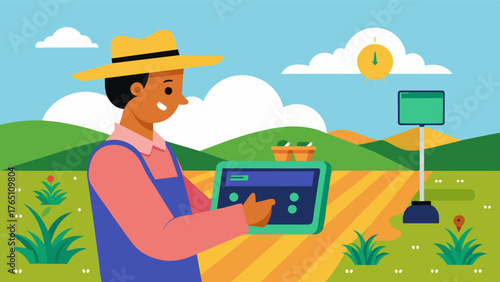 A farmer remotely adjusting the settings of a smart fertilizer dispenser ensuring optimal soil nutrient levels and reducing waste.. Vector illustration