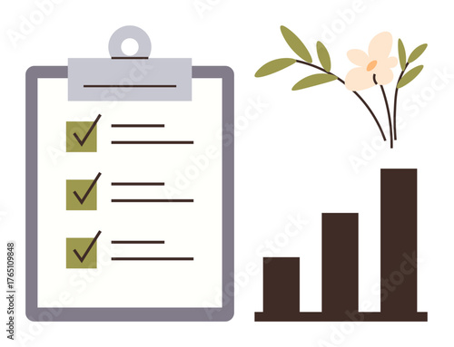Clipboard with checklist, flowering plant, bar chart symbolizing organization, growth, nature, productivity, planning, sustainability success. Ideal for goals setting business presentation