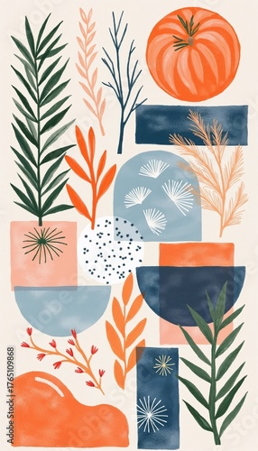 A colorful abstract composition of plants and geometric shapes in blue, light blue and orange tones
