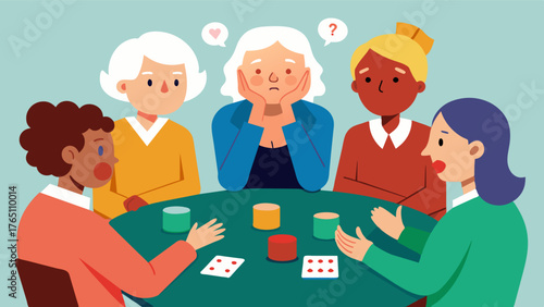 A group of seniors sit around a table playing a card game but one womans face is etched with frustration as she struggles to remember the rules and keep up with the game.. Vector illustration