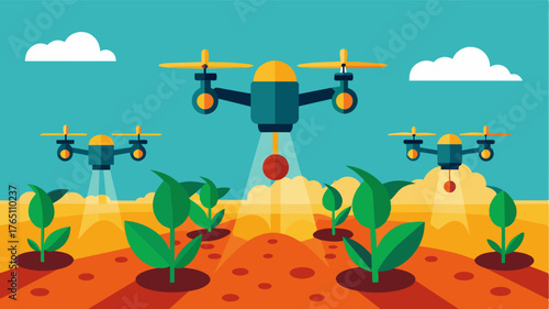 A group of autonomous drones work in tandem to plant seeds in a large soybean field increasing efficiency and reducing labor costs for the farmer.. Vector illustration