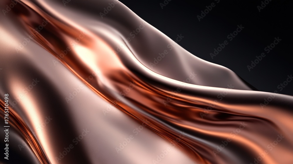 Fototapeta premium Smooth rose gold metallic material creating elegant waves and reflective accents on dark background