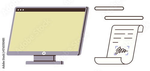 Desktop monitor beside digital document with signature, showcasing online approval. Ideal for technology, digitization, workflow, remote work, contract management, e-signature, simple flat metaphor