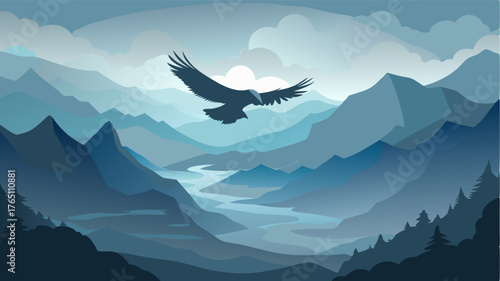 A lone eagle soaring through the hazy skies above the mountains its wings gracefully ting through the mist.