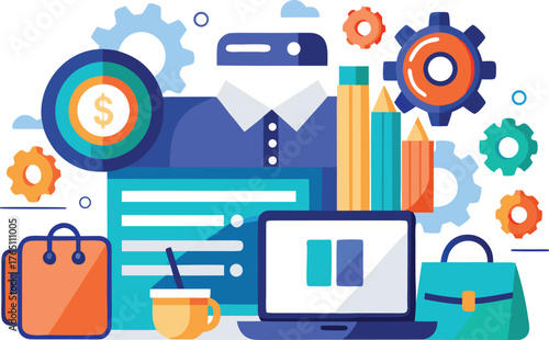 Vibrant flat lay illustration of business tools and icons for professional design projects, creative concepts, and modern marketing materials, perfect for startups
