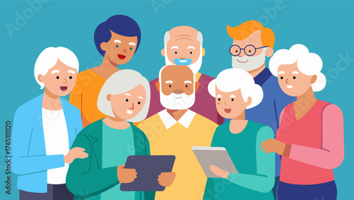 A group of elderly individuals sitting together engrossed in a virtual interactive storybook on a tablet device with big smiles on their faces as they answer questions and. Vector illustration