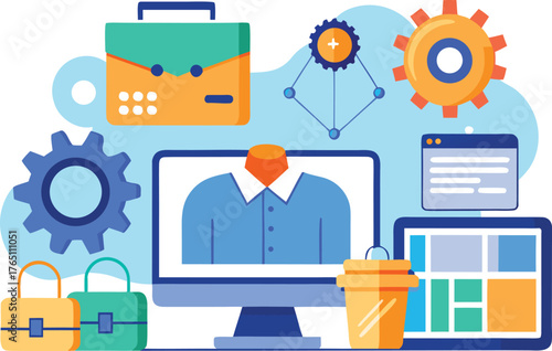 Modern business tools illustration for presentations, websites or marketing materials, showcasing efficiency, technology, and creative solutions for business needs