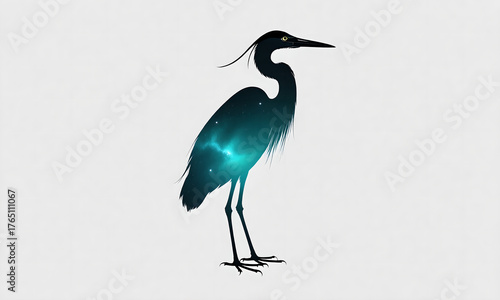 Majestic Galaxy Heron Silhouette with Vibrant Cosmic Nebula on a Clean White Background