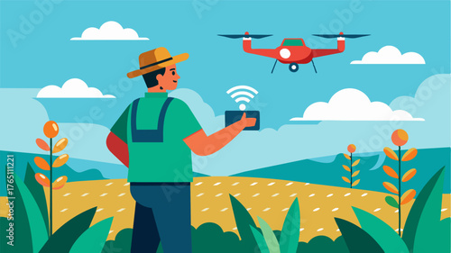 A farmer is using his AIpowered drone to scan his field for any signs of crop disease allowing him to make precise and targeted treatments.. Vector illustration