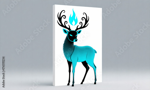 Stylized Blue Deer with Glowing Flame on Antlers Standing on White Canvas, Modern Art