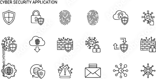 Cyber Security Application Icons: Shield, Lock, Fingerprint, Cloud, Virus, Firewall, Alert, Email, Network, Data Protection, Security Elements