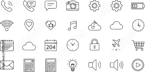 Universal Line Art Icon Set for Web  App Interfaces. Outline Symbols for Communication, Business, Technology,  UI Elements.