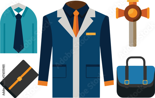Stylish professional attire featuring a suit, shirt, tie, and briefcase, perfect for business presentations, corporate branding, and showcasing career success