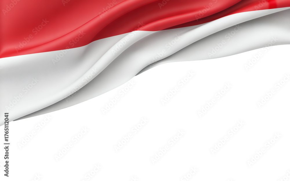 Fototapeta premium A realistic rendering of the Monegasque flag waving gently in the breeze, showcasing its vibrant red and white fabric with elegant folds and ample copy space below on transparent background.