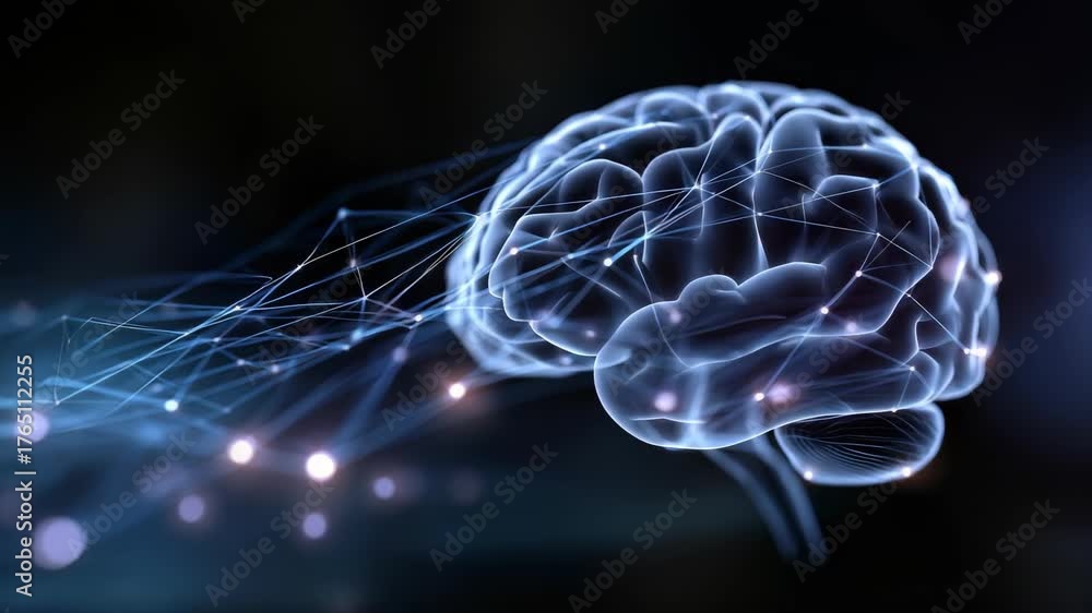 A glowing human brain is depicted with interconnected neural pathways ...