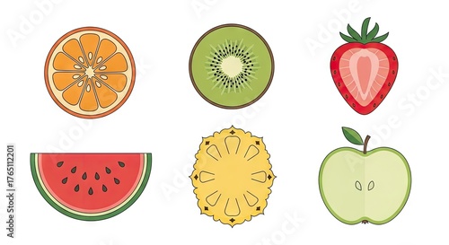 Pixel Art Illustration of Assorted Fruits Slices on White Background