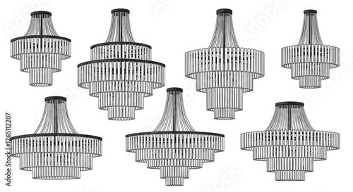 Collection of Chandelier Illustrations on White Background Featuring Black Metal Frames and Transparent Crystal Elements