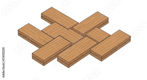 Isometric Illustration of Interlocking Wooden Planks on White Background