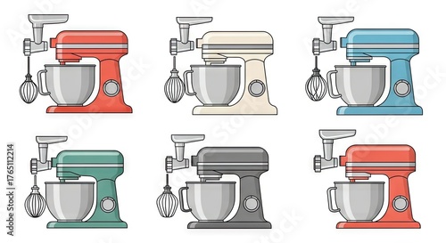 Collection Of Stand Mixers In Various Colors Against White Background Simple Flat Vector Illustration