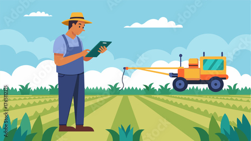 A farmer checking the herbicide levels in an autonomous sprayer as it moves autonomously across the field adjusting the levels as needed for efficient and effective spraying.. Vector illustration