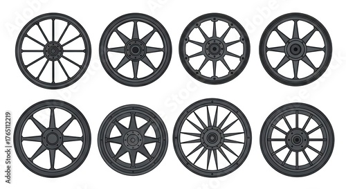 Collection of Eight Pixelated Wagon Wheels in Varying Designs on White Background