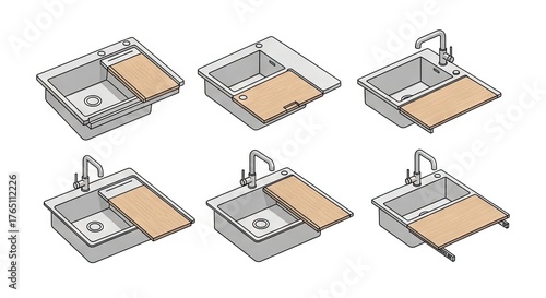 Isometric Kitchen Sink And Cutting Board Set Against White Background For Conceptual Design