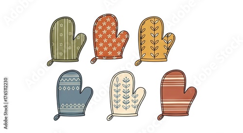 Illustrated Kitchen Mitts In Various Colors On White Background
