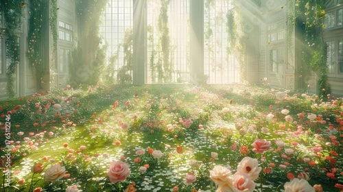 Flower Field Inside Sunlit Greenhouse with White Walls