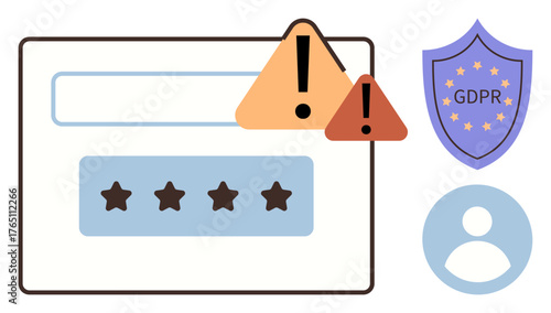 Login form with password field, caution icons, user profile, and GDPR shield. Ideal for privacy, compliance, cybersecurity, policy online safety authentication data protection. Simple flat