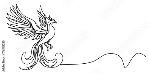 Rise & Radiate: Phoenix Holding Light, A black-and-white sketch of a phoenix in flight, clutching a torch blending motion, mythology, and artistic grace