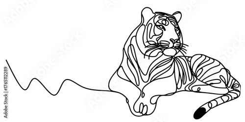 Silent Power: The Tiger in One Line, A minimalist line drawing of a reclining tiger, rendered in a single flowing stroke that captures its calm yet powerful presence.
