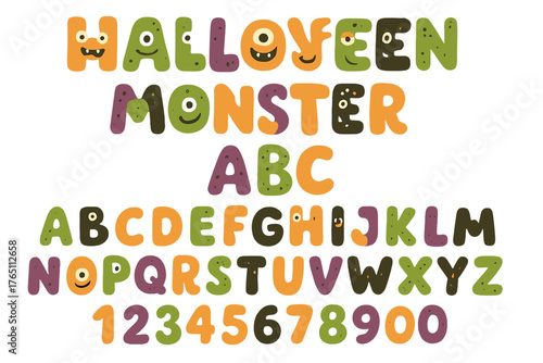 Halloween monster ABC, whimsical kids’ decorative lettering featuring cute emotive letters and numbers in a fairy‑tale style set