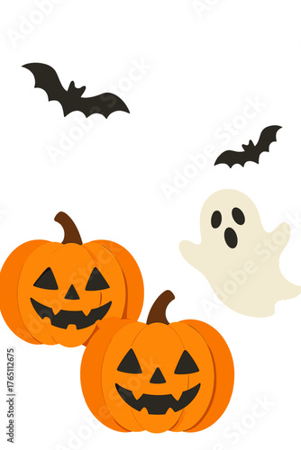 Orange background banner featuring paper cut style pumpkins, ghosts, and bats for Halloween