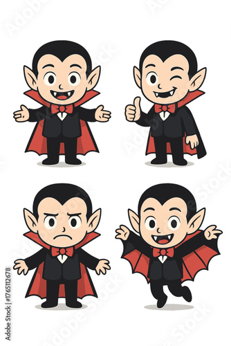 A set of cute Dracula vampire Halloween cartoon characters in vector style