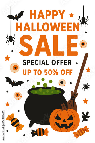 Celebrate a Happy Halloween promo sale with a flyer showcasing a witch's cauldron, potion, bats, eyes, spiders, a scary pumpkin, broom, and candies, all rendered in vector illustration for posters