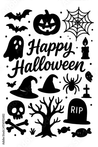 Celebrate Halloween with a large collection of black silhouette icons and character lettering, hand‑drawn vector designs featuring creepy and spooky decorative elements, sketches, icons, and stickers
