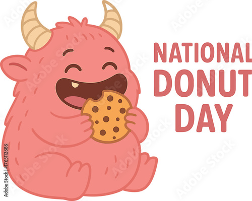 Banner featuring a playful baby monster munching a cookie, a cute pink chubby character enjoying a sweet treat, for National Donut Day or Fat Thursday, suitable as a header for covers, menus