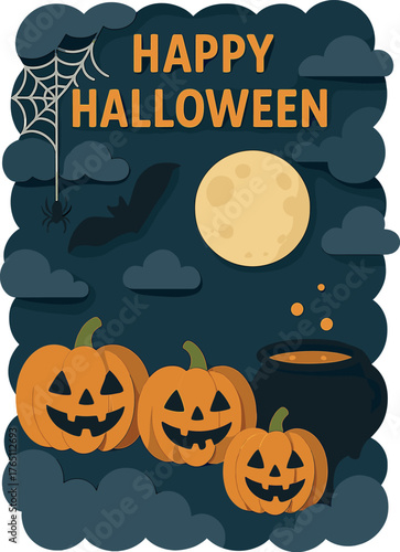 A Halloween banner or party invitation background featuring night clouds, paper‑cut pumpkins, a full moon, a witch’s cauldron, spider webs, and a flying bat, ready for text