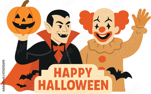 A vampire and horror clown celebrates Halloween, wishing everyone a Happy Helloween